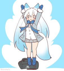 Rule 34 | 1girl, animal ears, arms up, bag, blue background, blue hair, boots, bow, bowtie, cardigan, coroha, extra ears, fox ears, fox girl, fox tail, full body, gloves, jacket, japari symbol, jumping, kemono friends, long hair, looking at viewer, school bag, simple background, skirt, solo, tail, white ezo red fox (kemono friends)