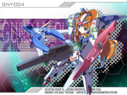 Rule 34 | 1girl, aircraft, armor, beam rifle, brown hair, celestial being, character name, check commentary, commentary request, core fighter, energy gun, english text, green eyes, gundam, gundam 00p, gundam plutone, long hair, mecha musume, okiura, shield, solo, v-fin, very long hair, weapon