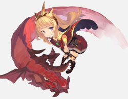 Rule 34 | 10s, 1girl, :d, black thighhighs, blonde hair, boots, bow, cagliostro (granblue fantasy), cape, crown, dragon, granblue fantasy, hairband, headband, knee boots, leaning forward, long hair, looking at viewer, open mouth, purple eyes, red skirt, simple background, skirt, smile, smirk, solo, thighhighs, yoo (tabi no shiori)