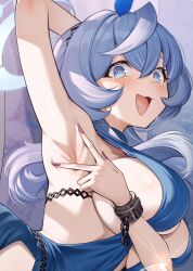 Rule 34 | 1girl, ako (blue archive), ako (dress) (blue archive), armpits, arms up, backless dress, backless outfit, blue archive, blue dress, blue hair, blue halo, breasts, cluseller, cuffs, dress, evening gown, halo, highres, looking at viewer, nail polish, official alternate costume, open mouth, plunging neckline, presenting armpit, shackles, sideboob, sideless dress, sideless outfit, single handcuff, sleeveless, sleeveless dress, tearing up, upper body