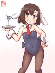 Rule 34 | 1girl, alternate costume, animal ears, artist logo, black hair, black leotard, black pantyhose, blue eyes, bob cut, bow, bowtie, commentary request, cup, daitou (kancolle), dated, detached collar, drinking glass, feet out of frame, flat chest, gradient background, grin, high ponytail, kanon (kurogane knights), kantai collection, leotard, necktie, one-hour drawing challenge, pantyhose, playboy bunny, rabbit ears, red necktie, short hair, sidelocks, smile, solo, strapless, strapless leotard, tray, white background, wine glass, wrist cuffs