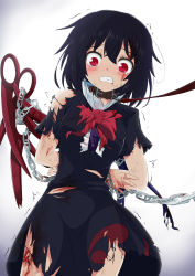 Rule 34 | 1girl, absurdres, arms behind back, asymmetrical wings, black dress, black hair, blood, blood on arm, blood on face, blood on leg, blush, bow, bowtie, breasts, center frills, chain, chained, clenched teeth, collar, commentary request, cowboy shot, cuts, dress, frills, from below, gradient background, grey background, hair between eyes, highres, houjuu nue, injury, leash, medium breasts, raised eyebrows, red bow, red bowtie, red eyes, restrained, ryona, short hair, short sleeves, simple background, solo, tearing up, teeth, torn clothes, touhou, trembling, tsuukinkaisoku oomiya, wings