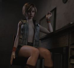 Rule 34 | 1girl, 3d, artist request, breasts, full body, heather mason, highres, jacket, lips, looking at viewer, medium breasts, no bra, open clothes, open jacket, short hair, silent hill, silent hill (series), silent hill 3, sitting, skirt, sleeveless, sleeveless turtleneck, solo, turtleneck, vest, wristband
