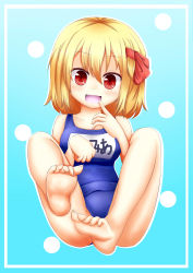 Rule 34 | 1girl, absurdres, bare legs, barefoot, blonde hair, blush, breasts, fang, feet, hair ribbon, highres, medium breasts, name tag, one-piece swimsuit, oohirakeisuke, open mouth, red eyes, ribbon, rumia, school swimsuit, short hair, smile, solo, swimsuit, touhou