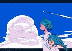 Rule 34 | 1boy, 1girl, ;d, ^ ^, aircraft, airplane, animal ears, antenna hair, aqua hair, artist name, bad id, bad tumblr id, blue sky, brother and sister, cat ears, closed eyes, cloud, contrail, dot nose, floating hair, from side, happy, height difference, letterboxed, limited palette, long hair, looking away, multicolored hair, niwabuki, noshime ruka, one eye closed, open mouth, orange eyes, original, outdoors, outside border, profile, satonaka kei, shirt, siblings, signature, sky, smile, streaked hair, tareme, upper body, white shirt, wind