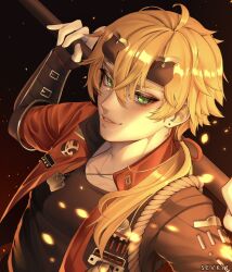 Rule 34 | 1boy, absurdres, artist name, black background, black shirt, blonde hair, dog tags, falling petals, genshin impact, green eyes, highres, holding, holding weapon, jacket, looking at viewer, male focus, open clothes, open jacket, over shoulder, parted lips, petals, red jacket, sevkyi, shirt, short hair, smile, solo, thoma (genshin impact), upper body, weapon, weapon over shoulder