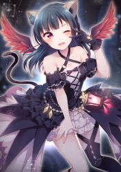 Rule 34 | 1girl, ;d, animal ears, bare shoulders, black gloves, black hair, black thighhighs, cat ears, cat tail, commentary request, fake animal ears, frilled skirt, frills, gloves, hair bun, hazuki (sutasuta), highres, looking at viewer, love live!, love live! school idol festival, love live! sunshine!!, one eye closed, open mouth, pink eyes, red wings, short hair, single glove, single hair bun, single thighhigh, skirt, smile, solo, tail, thighhighs, thighs, tsushima yoshiko, v, white skirt, wings