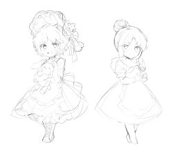 2girls alternate_costume animification apex_legends apron barefoot boots chinese_commentary dress fire full_body gothic_lolita greyscale hair_bun highres holding holding_stuffed_toy jianye lolita_fashion looking_at_viewer monochrome multiple_girls open_hand open_mouth parted_bangs short_hair single_hair_bun sketch smile stuffed_animal stuffed_rabbit stuffed_toy wattson_(apex_legends) wraith_(apex_legends)