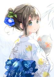 Rule 34 | 1girl, animal print, back bow, black hair, blue bow, blue flower, bow, closed mouth, commentary request, eyebrows hidden by hair, fish print, flower, from behind, goldfish print, hair bun, hair flower, hair ornament, hand fan, japanese clothes, kimono, kuga tsukasa, looking at viewer, looking back, morning glory, obi, original, paper fan, sash, smile, solo, uchiwa, upper body, white kimono, yukata