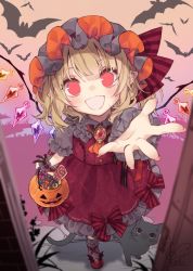 Rule 34 | 1girl, adapted costume, animal, basket, bat (animal), blonde hair, buttons, cat, crystal, dress, flandre scarlet, foreshortening, full moon, halloween, hat, holding, holding basket, long hair, looking at viewer, mob cap, moon, one side up, open mouth, pointy ears, puffy short sleeves, puffy sleeves, reaching, reaching towards viewer, red dress, red eyes, red footwear, sharp teeth, short sleeves, signature, solo, teeth, thumbnail surprise, touhou, toutenkou, white legwear, wings