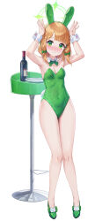 Rule 34 | 1girl, absurdres, alternate costume, animal ears, armpits, bare legs, blonde hair, blue archive, blush, bottle, bow, bowtie, breasts, cleavage, closed mouth, covered navel, cryturtle, detached collar, fake animal ears, fake tail, footwear bow, full body, green bow, green bowtie, green eyes, green footwear, green leotard, hair bow, halo, highres, knees together feet apart, legs, leotard, looking at viewer, midori (blue archive), nose blush, plate, playboy bunny, rabbit ears, rabbit pose, rabbit tail, small breasts, solo, standing, tail, wavy mouth, wine bottle, wrist cuffs