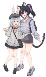 Rule 34 | 2girls, absurdres, animal ear fluff, animal ears, aningay, backpack, bag, black footwear, black hair, black skirt, bow, braid, cabbie hat, cat ears, cat girl, cat tail, collared shirt, copyright request, dress shirt, ears through headwear, grey eyes, grey footwear, grey hair, grey hat, grey jacket, grey skirt, hair bow, hat, heart, heart in mouth, heterochromia, highres, hood, hood down, hooded jacket, jacket, loafers, long hair, long sleeves, low twintails, multiple girls, pleated skirt, ponytail, puffy long sleeves, puffy sleeves, purple bow, purple eyes, rabbit ears, red bow, red eyes, shirt, shoes, shoulder bag, simple background, skirt, sleeves past wrists, socks, tail, tail bow, tail ornament, teeth, twin braids, twintails, upper teeth only, white background, white shirt, white socks