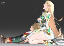 Rule 34 | 1boy, 1girl, animal ears, artist name, blonde hair, blush, breasts, brown hair, cleavage, cleavage cutout, closed eyes, clothing cutout, crying, death, from side, hair over eyes, highres, icoo, lap pillow, large breasts, legs, long hair, milton (xenoblade), mythra (xenoblade), open mouth, pants, shaded face, sitting, tears, thick thighs, thighs, xenoblade chronicles (series), xenoblade chronicles 2, xenoblade chronicles 2: torna - the golden country