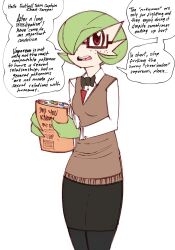 Rule 34 | 1girl, book, braces, breasts, coat, colored skin, creatures (company), english text, facing viewer, formal, freckles, game freak, gardevoir, gen 3 pokemon, glasses, green hair, grin, hair over one eye, highres, holding, holding book, lips, looking to the side, medium breasts, necktie, nintendo, no humans, pokemon, red coat, red eyes, saltyxodium, smile, solo, speech bubble, standing, steam, suit, teeth, white background, white skin