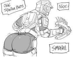Rule 34 | 1girl, absurdres, armor, ass, bb (baalbuddy), bent over, commentary, covered face, english commentary, english text, from behind, greyscale, gun, halo (series), helmet, highres, holding, holding gun, holding weapon, impossible armor, monochrome, needler, power armor, solo, spartan (halo), speech bubble, weapon