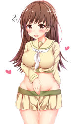Rule 34 | 10s, 1girl, aftersex, anger vein, arm behind back, blush, breasts, brown eyes, brown hair, cum, cumdrip, hand on own stomach, heart, highres, impossible clothes, kantai collection, large breasts, long hair, long sleeves, microskirt, midriff, no panties, ooi (kancolle), open mouth, pikacchi, pleated skirt, shiny skin, shirt, simple background, skirt, solo, standing, upper body, white background, yellow shirt, yellow skirt