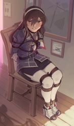 Rule 34 | 1girl, absurdres, ankle boots, ashigara (kancolle), ashigara kai ni (kancolle), black skirt, boots, brown eyes, brown hair, chair, commission, fake horns, gloves, hair between eyes, hairband, high heel boots, high heels, highres, horned headwear, horns, kaddo, kantai collection, long hair, long sleeves, military, military uniform, miniskirt, pantyhose, pencil skirt, restrained, sitting, skirt, solo, uniform, wavy hair, white gloves
