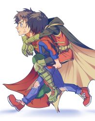 Rule 34 | 2boys, artist request, batman (series), black hair, blue eyes, cape, carrying, child, commentary, damian wayne, dc comics, denim, english commentary, gloves, green footwear, green gloves, highres, jeans, jonathan kent, lifting another&#039;s clothes, multiple boys, pants, piggyback, red footwear, resting, short hair, simple background, super sons, superhero costume, superman (series), white background