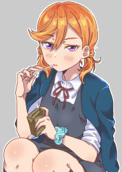 Rule 34 | 1girl, alternate hairstyle, blue jacket, blush, coffee, collared shirt, commentary request, dress, drink, drinking straw, drinking straw in mouth, grey background, grey dress, hair between eyes, holding, holding drink, jacket, jacket on shoulders, juice box, looking at viewer, love live!, love live! superstar!!, momominoru, neck ribbon, orange hair, pinafore dress, purple eyes, red ribbon, ribbon, school uniform, scrunchie, shibuya kanon, shirt, sitting, sleeveless, sleeveless dress, solo, twintails, upper body, white shirt, winter uniform, wrist scrunchie, yuigaoka school uniform