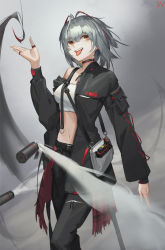 Rule 34 | 1girl, arknights, bag, bare shoulders, black choker, black jacket, black pants, breasts, character name, choker, commentary, cowboy shot, hand up, highres, jacket, long sleeves, looking at viewer, medium breasts, midriff, navel, off shoulder, open clothes, open jacket, orange eyes, pants, short hair, silver hair, solo, stomach, str (str2016), strapless, tongue, tongue out, tube top, w (arknights)