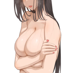 Rule 34 | 1girl, blush, breasts, closed mouth, collarbone, covering privates, covering breasts, head out of frame, large breasts, lips, long hair, nude, original, red nails, simple background, solo, sweat, throtem, upper body, very long hair, wet, white background