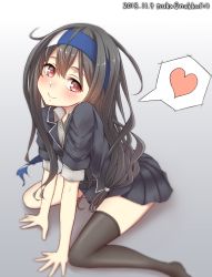 Rule 34 | 1girl, black hair, black thighhighs, blazer, blush, closed mouth, commentary request, dated, hair between eyes, hair ornament, hair ribbon, hatsushimo (kancolle), hatsushimo kai ni (kancolle), headband, heart, highres, jacket, kantai collection, long hair, looking at viewer, low-tied long hair, nuka (nvkka), one-hour drawing challenge, pleated skirt, red eyes, ribbon, school uniform, simple background, single thighhigh, sitting, skirt, smile, solo, spoken heart, thighhighs, wariza