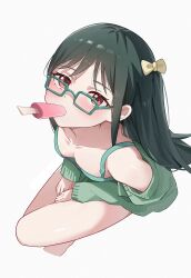 Rule 34 | 1girl, absurdres, aftamc, bare shoulders, blush, bow, breasts, commission, downblouse, dress, food, food in mouth, from above, glasses, green-framed eyewear, green dress, green jacket, grey background, hair bow, highres, jacket, long sleeves, love live!, love live! nijigasaki high school idol club, mifune shioriko, mouth hold, off shoulder, one side up, open clothes, open jacket, popsicle, red eyes, simple background, sitting, skeb commission, sleeveless, sleeveless dress, sleeves past wrists, small breasts, solo, yellow bow