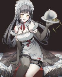 Rule 34 | 1girl, annabella (tower of fantasy), bare shoulders, black gloves, black thighhighs, dress, elbow gloves, gloves, grey hair, hair rings, highres, holding, holding tray, long hair, looking at viewer, maid, maid headdress, multicolored hair, open mouth, serving dome, sitting, sleeveless, sleeveless dress, smile, solo, streaked hair, thighhighs, tomo gento, tower of fantasy, tray, very long hair, white dress, yellow eyes