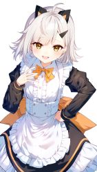 Rule 34 | 1girl, absurdres, ahoge, alternate costume, apron, black dress, bow, bowtie, breasts, darjeeling (reley), dress, enmaided, frilled apron, frills, grey hair, highres, horns, indie virtual youtuber, maid, maid apron, mechanical horns, reiny (vtuber), second-party source, small breasts, solo, virtual youtuber, white apron, white hair, yellow eyes