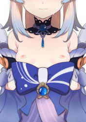 Rule 34 | 1girl, armpit crease, blonde hair, blue hair, blurry, breasts, breasts apart, closed mouth, clothes pull, depth of field, detached collar, detached sleeves, dress pull, genshin impact, gloves, half gloves, head out of frame, highres, lips, long hair, morisobo, multicolored hair, nipples, sangonomiya kokomi, simple background, small breasts, solo, sweat, two-tone hair, upper body, white background