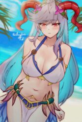 Rule 34 | 1girl, armlet, arms at sides, beach, bikini, blue hair, blue sky, blush, breasts, cleavage, cloud, cowboy shot, curled horns, fire emblem, fire emblem heroes, flower, freyja (fire emblem), freyja (summer) (fire emblem), goat girl, goat horns, grey hair, hair ornament, highres, horizon, horns, jewelry, large breasts, long hair, looking at viewer, mature female, multicolored hair, navel, nintendo, official alternate costume, pelvic curtain, red eyes, red horns, rotomdocs, sideboob, sky, solo, swimsuit, twitter username, white bikini