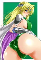 Rule 34 | 1990s (style), 1girl, armor, ass, blonde hair, blue eyes, blush, breasts, cape, celes chere, final fantasy, final fantasy vi, from behind, headband, large breasts, leotard, long hair, looking at viewer, looking back, open mouth, pauldrons, shoulder armor, sideboob, solo, wrist guards, yamada (fanfantaisa)