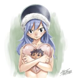 Rule 34 | 1girl, blue hair, breasts, fairy tail, fur-trimmed headwear, fur trim, gray fullbuster, hat, juvia lockser, large breasts, long hair, looking at viewer, mashima hiro, nude, official art, pillow, signature, solo, white background