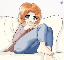 Rule 34 | 10s, 1girl, barefoot, blue eyes, bow, braid, couch, cup, denim, drinking, foreshortening, girls und panzer, hair bow, holding, holding cup, jeans, looking at viewer, orange hair, orange pekoe (girls und panzer), pants, pierre kirby, pillow, robe, short hair, sitting, toes, twin braids