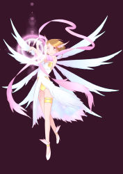 Rule 34 | 1girl, absurdres, adapted costume, angel, angewomon, angewomon (cosplay), brown hair, cosplay, crests (digimon), digimon, digimon adventure 02, hair ornament, hairclip, highres, multiple wings, smile, solo, thighlet, wings, yagami hikari