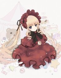 Rule 34 | 1girl, black bow, blonde hair, blue eyes, bonnet, bow, cake, candy, capelet, circus tent, cookie, cup, cupcake, dress, drill hair, flower, food, highres, kiru (m putorius), lolita fashion, long hair, looking at viewer, macaron, own hands together, petals, red capelet, red dress, rose, rozen maiden, shinku, solo, stuffed animal, stuffed rabbit, stuffed toy, stuffed unicorn, sugar cube, teacup, teapot, teddy bear, twintails, upper body, very long hair