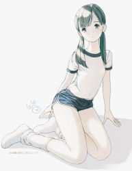 Rule 34 | 1girl, black hair, blue shorts, closed mouth, dated, dolphin shorts, dot nose, female focus, freckles, gym uniform, highres, kokudou juunigou, looking at viewer, loose socks, low twintails, original, photo-referenced, shorts, socks, solo, twintails