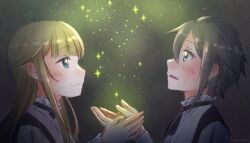 Rule 34 | 2girls, ange (princess principal), black ribbon, blonde hair, blue eyes, brown hair, commentary, highres, holding hands, looking up, multiple girls, neck ribbon, princess (princess principal), princess principal, ribbon, shirt, signature, smile, star (sky), symbol-only commentary, white shirt, xin (blueramen), yuri