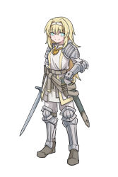 Rule 34 | 1girl, armor, black souls, blonde hair, blue eyes, boots, brown footwear, closed mouth, dress, gauntlets, hair intakes, hairband, highres, holding, holding sword, holding weapon, jeanne (black souls), jewelry, knee guards, long hair, looking at viewer, necklace, pauldrons, rabbit king, sheath, shin guards, shoulder armor, sidelocks, smile, solo, sword, weapon, white dress, white hairband