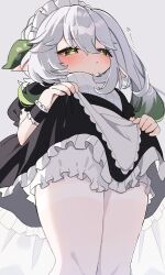 Rule 34 | 1girl, absurdres, alternate costume, apron, black dress, black wristband, bloomers, blush, clothes lift, commentary request, dress, dress lift, frilled dress, frilled wristband, frills, from below, genshin impact, green eyes, green hair, hair between eyes, half-closed eyes, highres, lead pipe, long hair, maid apron, maid headdress, multicolored hair, nahida (genshin impact), nanakusa yomogi, pantyhose, pointy ears, solo, star-shaped pupils, star (symbol), symbol-shaped pupils, underwear, white apron, white bloomers, white hair, white pantyhose