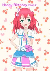 Rule 34 | 1girl, aqua eyes, aqua footwear, artist name, artist request, blue skirt, blush, bow, breasts, cross-laced clothes, cross-laced dress, female focus, green eyes, hair between eyes, hair bow, hand on own hip, highres, kimi no kokoro wa kagayaiteru kai?, kurosawa ruby, looking at viewer, love live!, love live! sunshine!!, minase shin, necktie, parted lips, pink bow, pink necktie, pink scarf, pink skirt, puffy short sleeves, puffy sleeves, red hair, scarf, scrunchie, shirt, shoes, short hair, short sleeves, skirt, small breasts, smile, solo, star (symbol), star print, twintails, two side up, v, white legwear, white shirt, white skirt, wrist scrunchie, wristband