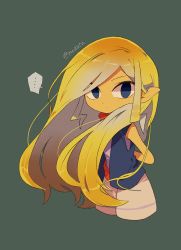 Rule 34 | 1girl, alternate hairstyle, arms behind back, blonde hair, blue background, blue eyes, cowboy shot, expressionless, female focus, highres, long hair, nintendo, pointy ears, shorts, simple background, solo, tetra, the legend of zelda, the legend of zelda: the wind waker, tokuura, twitter username, vest