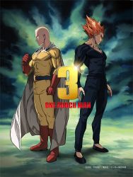 Rule 34 | 2boys, absurdres, announcement, back, bald, bodysuit, boots, cape, cover, full body, garou (one-punch man), gloves, highres, multiple boys, official art, one-punch man, red footwear, red gloves, saitama (one-punch man), standing, superhero costume, tagme, yellow bodysuit