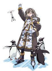 Rule 34 | 1girl, arknights, bird, brown hair, clenched hand, coat, full body, gloves, highres, ice skates, long sleeves, looking at viewer, magallan (arknights), medium hair, multicolored hair, one eye closed, open mouth, penguin, simple background, skates, two-tone hair, vegetable noda, white background, white hair, yellow eyes
