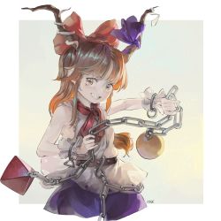 Rule 34 | 1girl, arms up, artist name, bare arms, bare shoulders, belt, blue skirt, chain, commentary, cuffs, gradient background, grey background, grin, highres, holding, holding chain, horn ornament, horn ribbon, horns, ibuki suika, long hair, looking at viewer, neck ribbon, orange eyes, orange hair, orb, parted bangs, pyramid (geometry), red ribbon, ribbon, riki6, shackles, shirt, skirt, sleeveless, sleeveless shirt, smile, solo, standing, touhou, upper body, very long hair, white shirt, wrist cuffs