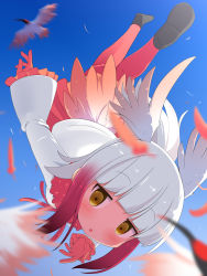 Rule 34 | 10s, 1girl, :o, black footwear, blue sky, blunt bangs, blurry, blush, crested ibis, day, depth of field, feathers, flying, full body, fur collar, gloves, gradient hair, head wings, highres, japanese crested ibis (kemono friends), kemono friends, long sleeves, looking at viewer, makuran, multicolored hair, pantyhose, pleated skirt, pleated sleeves, red gloves, red hair, red pantyhose, red skirt, skirt, sky, solo, upside-down, white hair, wings, yellow eyes