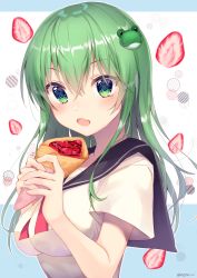 Rule 34 | 1girl, absurdres, alternate costume, artist name, blue background, chocolate syrup, commentary request, contemporary, crepe, fang, food, frog hair ornament, fruit, green eyes, green hair, hair between eyes, hair ornament, highres, holding, holding food, kochiya sanae, looking at viewer, nenobi (nenorium), open mouth, outline, red neckwear, school uniform, serafuku, shirt, short sleeves, solo, strawberry, taut clothes, taut shirt, touhou, twitter username, two-tone background, upper body, white background, white outline