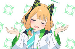 1girl :d animal_ear_headphones animal_ears blue_archive blue_necktie blunt_bangs cat_ear_headphones coat collared_shirt commentary_request fake_animal_ears hair_ribbon halo hands_up headphones highres himiya_jouzu iden_teitei_meltdown long_sleeves looking_at_viewer midori_(blue_archive) necktie onii-chan_wa_oshimai! open_clothes open_coat open_mouth orange_hair outstretched_arms parody parted_bangs ribbon school_uniform shirt short_hair sidelocks simple_background smile solo spread_arms tress_ribbon white_coat