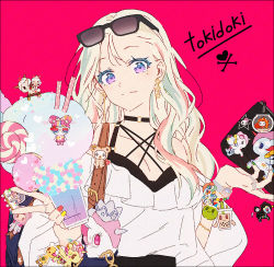 Rule 34 | 1girl, candy, character charm, charm (object), choker, closed mouth, colored eyelashes, earrings, food, hakusai (tiahszld), hello kitty, jewelry, lollipop, long hair, looking at viewer, marshmallow, mismatched earrings, mole, mole under eye, original, purple eyes, sanrio, sunglasses on head, v, watch