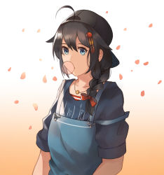 Rule 34 | 10s, 1girl, absurdres, ahoge, alternate costume, backwards hat, black hair, black hat, black shirt, blouse, blowing bubbles, bow, braid, casual, chewing gum, food, hair bow, hair ornament, hat, highres, jewelry, kantai collection, looking at viewer, necklace, orange background, overalls, petals, red bow, shigure (kancolle), shigure kai ni (kancolle), shirt, single braid, skyregalias, solo